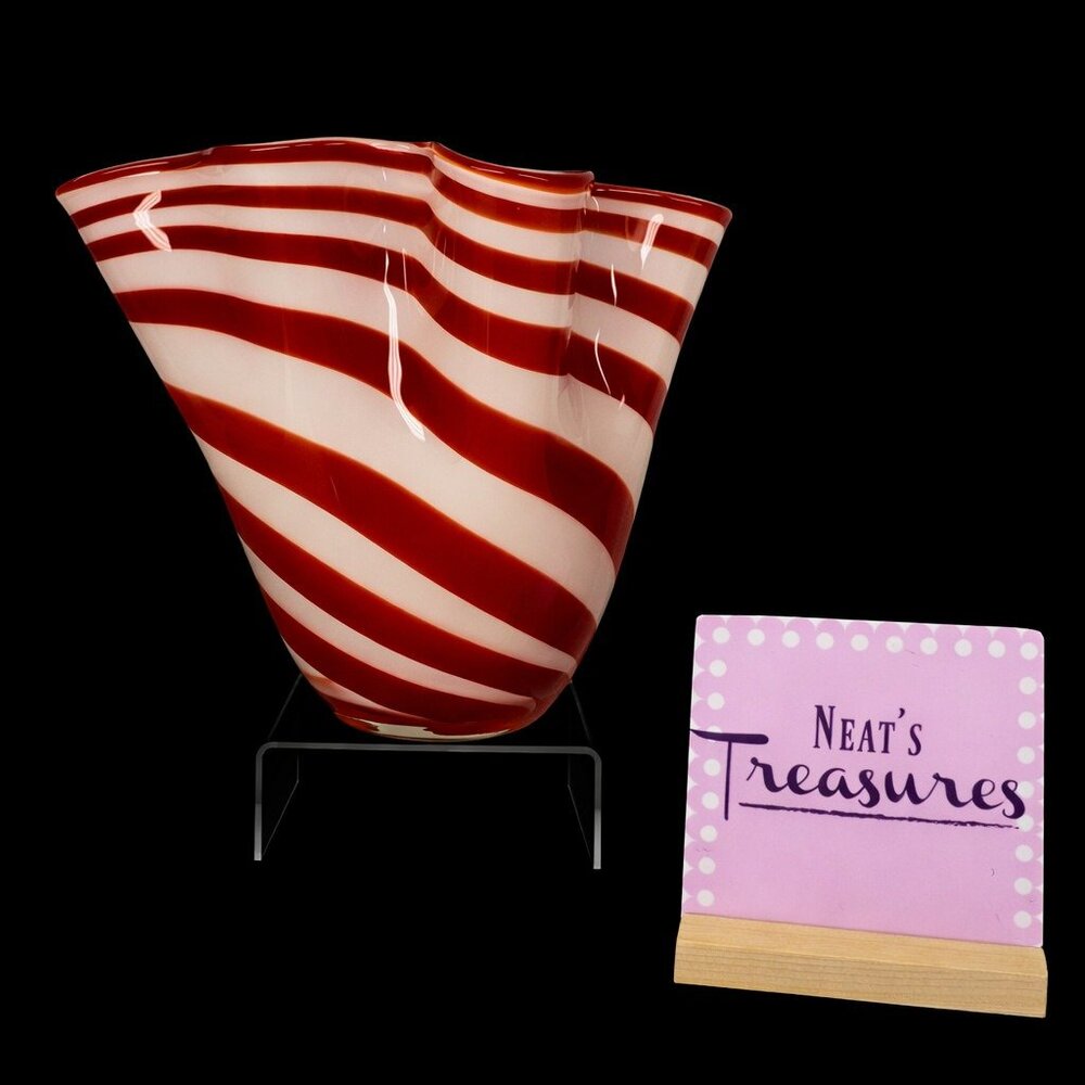 Blue Rivage CANDY PEPPERMINT STRIPE Handkerchief Hand Blown 7.5" Art Glass Vase